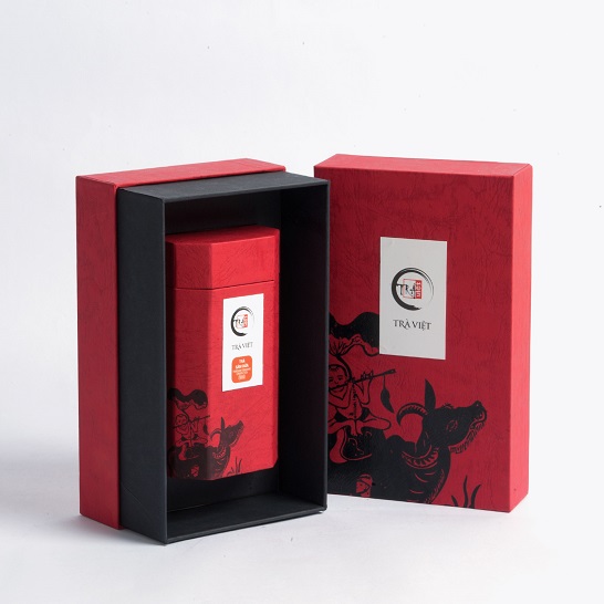 Mẫu hộp giấy đựng trà có thiết kế âm dương hình chữ nhật bên ngoài và hộp lập phương ở bên trong tinh tế và trang trọng 